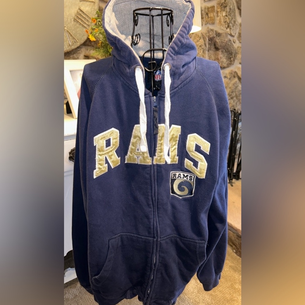 Vintage St Louis Rams Embroidered NFL Navy Blue Hoodie Sweatshirt Distressed
